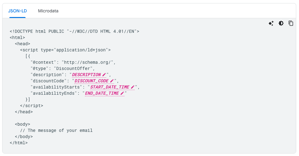Email annotation code snippet example.
